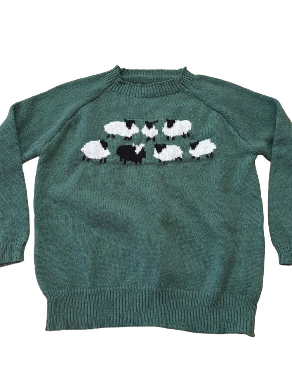 Green Knit Sweater White Black Sheep Mock Kneck Pullover Long Sleeve Top XL